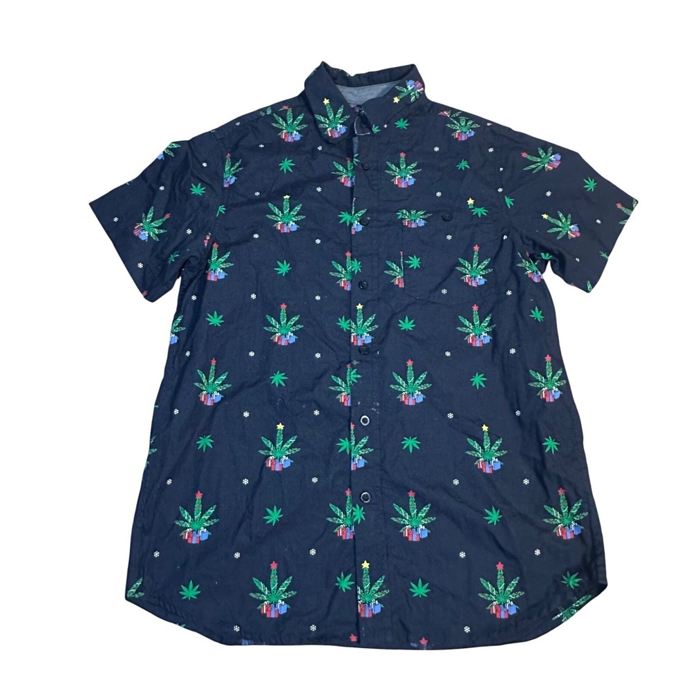 Eighty Eight Mens Short Sleeve Button Up Shirt Weed Christmas Tree Print Navy  S